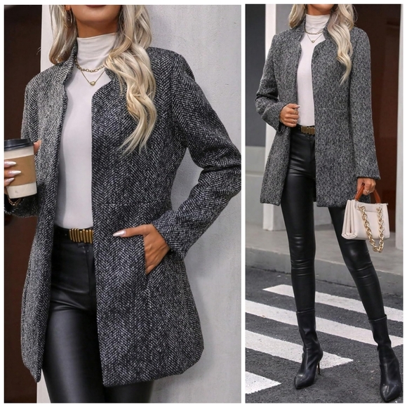 New Classic Herringbone Tweed Open Front Blazer Jacket Gray White